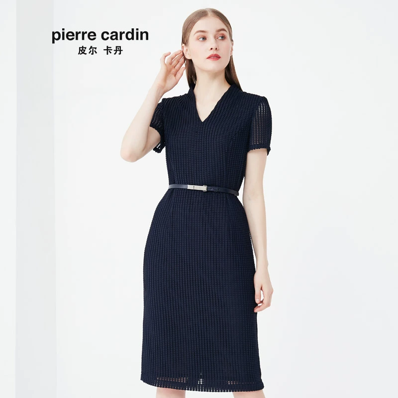 Pierre Cardin Womens Wear 2020 Trung tâm mua sắm Cùng một phong cách Màu xanh đậm Thắt lưng cổ chữ V Váy thời trang Khí chất A-line Váy Phụ nữ - A-Line Váy