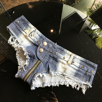 新款性感低腰牛仔短裤拉链开裆超短裤夜店齐B裤钢管舞热裤卡裆裤-淘宝网