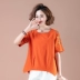 Váy thêu hoa cotton và vải lanh nữ 2019 mới mùa hè áo sơ mi rộng 30 - 40 tuổi - Áo phông áo phông ngắn tay Áo phông