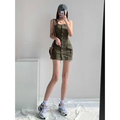 taobao agent Retro denim suspenders, dress, sexy skirt, brace, mini-skirt, fitted, hip-accented