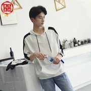 Mùa hè Hàn Quốc trùm đầu ngắn tay áo thun nam áo len với mui xe 7 bảy điểm tay áo lỏng lẻo quần áo năm điểm trong xu hướng tay áo