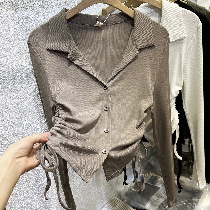 设计感抽绳别致翻领长袖T恤女2022秋装新款修身打底衫个性短上衣