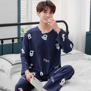 Bộ đồ ngủ cotton mùa xuân và mùa thu Hàn Quốc thoải mái cho nam dài tay Mùa hè dệt bằng vải lụa cotton nhân tạo Bộ đồ hai dây - Pyjama