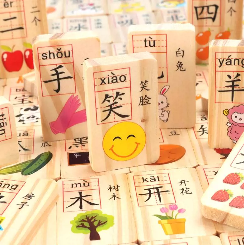 Bằng gỗ 100 miếng Nhân vật Trung Quốc Hoạt động học tập sớm hai mặt của domino Khối xây dựng kỹ thuật số Domino Đồ chơi giáo dục - Khối xây dựng