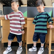 Mùa hè 2019 quần áo trẻ em mới trẻ em cotton sọc ngắn tay áo thun trẻ em lớn Hàn Quốc áo sơ mi lỏng lẻo - Áo thun