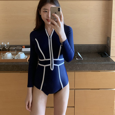 taobao agent Korean black long -sleeved conjoined swimsuit women's sports are thin and conservatively covered with belly sunscreen students hot spring swimwear women