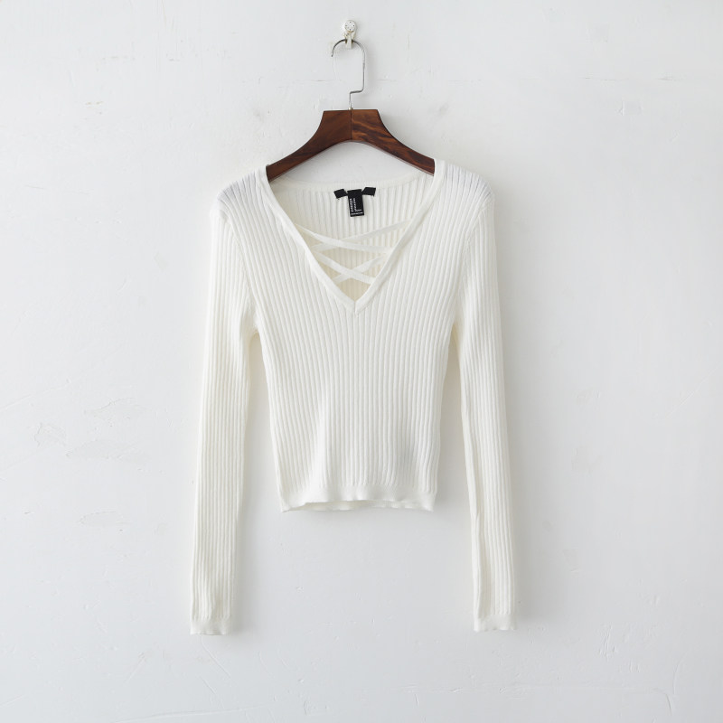 2018 mùa thu mới của phụ nữ đơn giản màu sắc hoang dã cơ sở áo sơ mi V-Cổ dây đeo dài tay áo len giá bắp cải