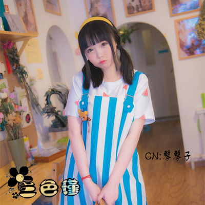 taobao agent [Three -color Jin] Exclusive original Xia Jueqing soft girl back skirt/daily blue and white striped watermelon T -shirt