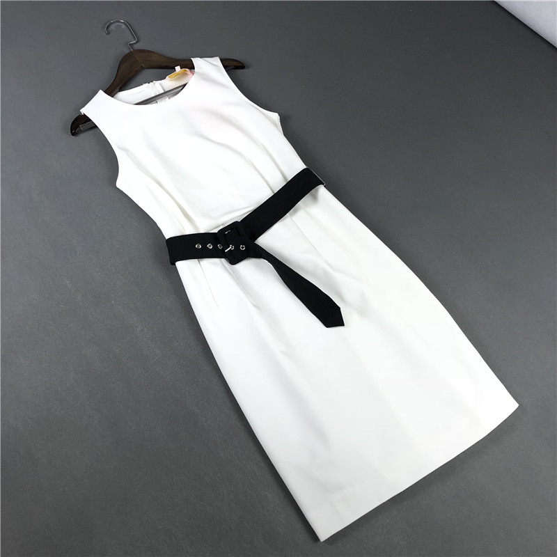 外贸原单女装波兰单优雅气质无袖连衣裙腰带修身中长款白色背心裙
