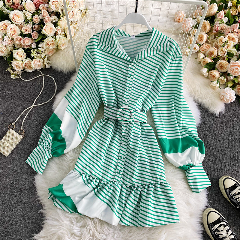 Light GreenEurope and America ins like a breath of fresh air Color matching stripe Sense of design Dress female 2020 new pattern Autumn and winter Ruffles skirt