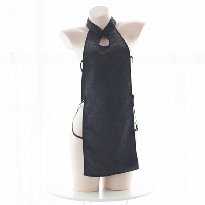 七了个三 纯黑超短旗袍超大镂空性感内衣短裙玫瑰暗纹连衣裙-淘宝网