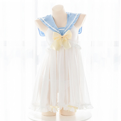 七了个三 可爱元气浅蓝水手领透视家居服性感甜美制服连衣裙-淘宝网