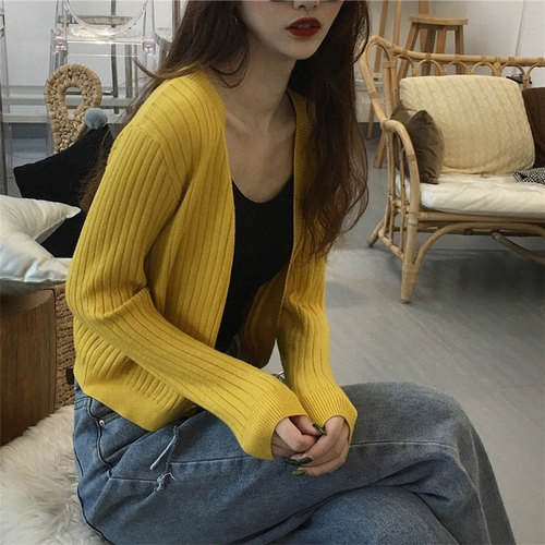 Korean long sleeve knitted jacket women's spring and autumn short style air-conditioning shirt slim and slim with student shawl cardigan
