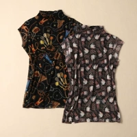 Шелковая летняя футболка, короткий рукав, высокий воротник