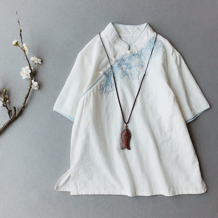 Phong cách Trung Hoa retro văn học cotton và áo sơ mi vải lanh nữ mùa hè phong cách dân tộc thêu tay ngắn hàng đầu Trung Quốc khóa Zen dịch vụ trà - Áo sơ mi dài tay