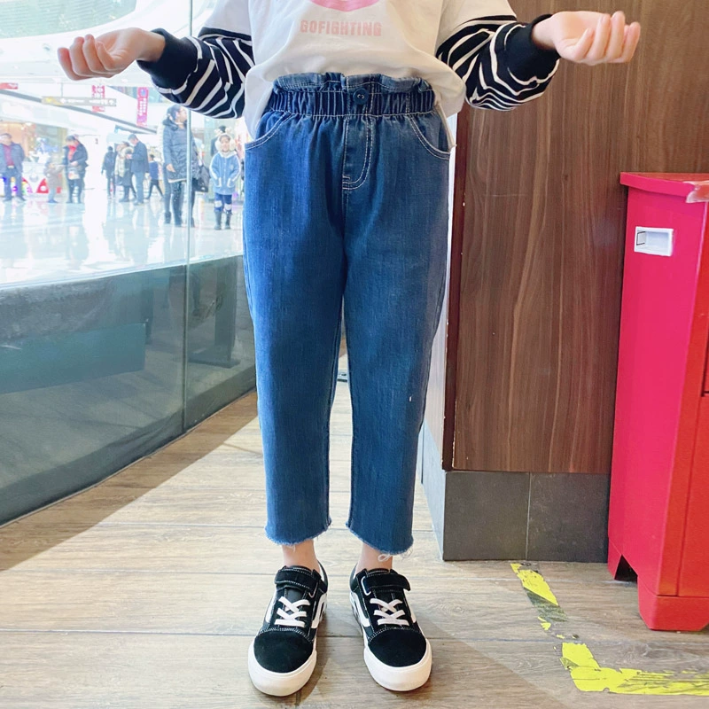 [MIKA] 2020 xuân mới phiên bản Hàn Quốc của các cô gái vừa và lớn ren cao eo co giãn micro quần jeans giản dị - Quần jean