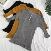 [] G 16 mùa hè mới Hàn Quốc phiên bản của tự trồng một nửa chiếc áo đan len nút căng Slim nữ triều T-Shirt