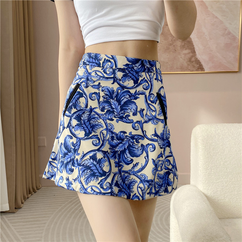 Xia Women's High Waist Hip-wrap Printed Slim Skirt Blue And White 