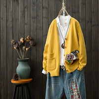 Осенний кардиган, свитер, с вышивкой, V-образный вырез, оверсайз