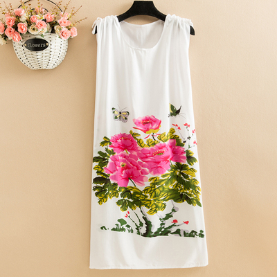 36Fat mm Big size pajamas female summer Nightdress poplin  Medium and long term easy Thin middle age female robe camisole Over the knee vest