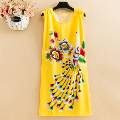 No.9Fat mm Big size pajamas female summer Nightdress poplin  Medium and long term easy Thin middle age female robe camisole Over the knee vest