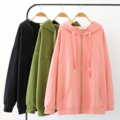 taobao agent Autumn hoody with zipper, long jacket, plus size, with embroidery, mid-length