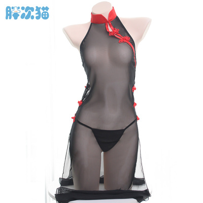 【撩汉出品】透明长款旗袍 中国风旗袍高开衩带内裤睡裙套装-淘宝网