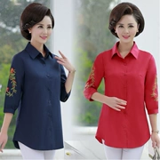 Áo sơ mi thêu mùa xuân và mùa hè trung niên và mẹ với một chiếc áo sơ mi tay nữ trung niên áo thun cotton cỡ lớn - Quần áo của mẹ