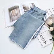 2018 mới phần mỏng kích thước lớn stretch cao eo jeans nữ 200 pound chất béo chị cao eo trắng side chín quần triều