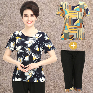 Mẹ mùa hè ăn mặc trung niên của phụ nữ ngắn tay T-Shirt top 40-50 tuổi hai mảnh phù hợp với quần rộng chân quần áo bà