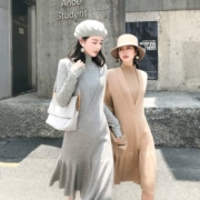 Daxi tự làm 2018 thu đông quần áo mới V-cổ không tay váy vest dày chạm đáy váy đan