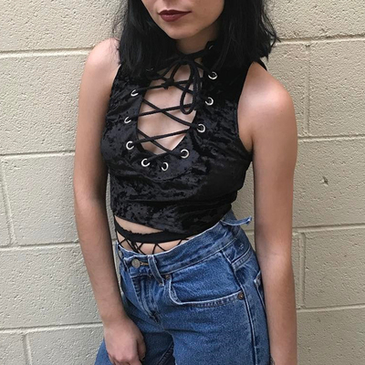 欧美秋冬新款性感绑带镂空显胸无袖丝绒吊带背心内搭紧身上衣女-淘宝网