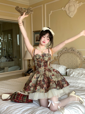taobao agent Retro cute slip dress, with little bears, flowered