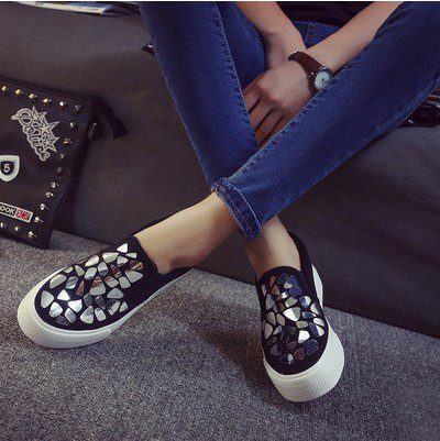 Silver SequinsKorean version new pattern Women's Shoes Flat heel Thick bottom canvas shoe Kick on Low Gang leisure time Students shoes leather shoes Single shoes White and black
