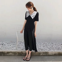 Mùa hè mới Hàn Quốc phiên bản của chic gió eo đa năng retro dài Slim móc hoa ve áo tính khí ăn mặc váy nhún eo