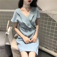 Mùa hè mới của Hàn Quốc phiên bản của gió retro Slim là mỏng không thường xuyên V-cổ ngắn tay eo vành đai đầm voan nữ 	váy hạ eo xếp ly	