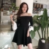 Hồng Kông hương vị tính khí retro sexy từ cổ áo quây màu đen và trắng khâu tay áo trumpet với Slim Một chiếc váy từ thủy triều A-Line Váy