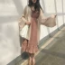 Hồng Kông retro khí nấm ren v- cổ cao eo chiffon treo váy dài xù tay đầm Váy eo cao