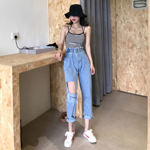 Thời trang giản dị phù hợp với vẻ đẹp trở lại sọc yếm trong lỏng cao eo lỗ tóc cạnh chín điểm jeans hai mảnh