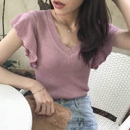 Mùa hè của phụ nữ Hàn Quốc phiên bản của lá sen tay áo len của phụ nữ đầu V-Cổ ngắn tay t-shirt là mỏng đáy chic áo sơ mi nữ ao len