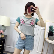 C-H34 Hoa Thêu Colorblock T-Shirt Mùa Hè của Phụ Nữ Vòng Cổ Mỏng Tay Áo Ngắn Tay Áo