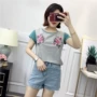 C-H34 Hoa Thêu Colorblock T-Shirt Mùa Hè của Phụ Nữ Vòng Cổ Mỏng Tay Áo Ngắn Tay Áo áo phông cao cấp