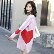 Trang phục bà bầu mùa thu đông mới đan hàng đầu phiên bản Hàn Quốc của áo len cổ tròn hai tay trái tim đào trái dài áo bà bầu