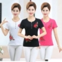 Mẹ nạp 2018 mùa hè phương thức gió quốc gia thêu ngắn tay T-Shirt áo 40-60 tuổi trung niên nữ kích thước lớn các kiểu áo voan tuổi trung niên