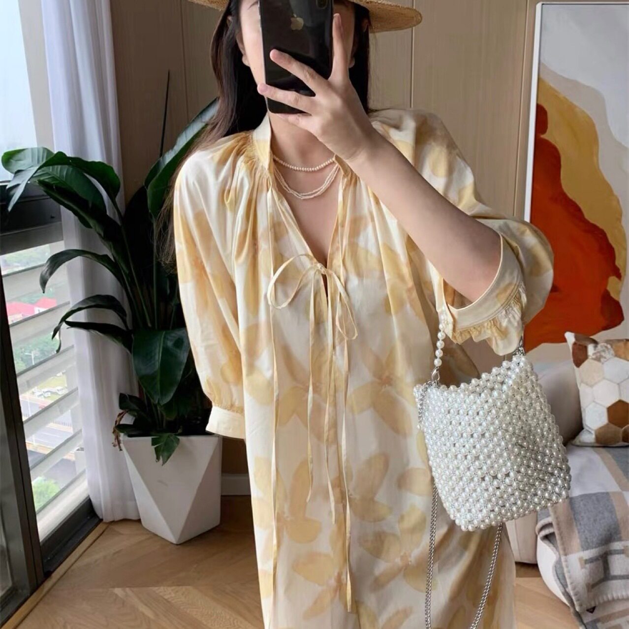 Hainan Sanya beach dress, yellow iris floral print dress, loose mid-length dress for seaside vacation