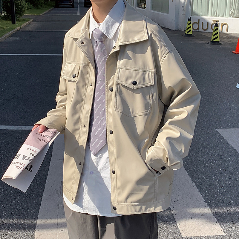 Apricot@ Fangshao Menswear Port style spring Ruffian handsome jacket male Solid color easy trend Single breasted locomotive Korean version leather jacket