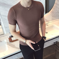 Mùa hè Nam Ngắn Tay Áo T-Shirt Hàn Quốc Phiên Bản Chặt Băng Lụa Vòng Cổ Áo Len Màu Rắn Trùm Đầu Tinh Thần Guy Áo Sơ Mi thời trang h&m