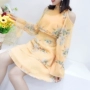 Thư ký vàng với tay áo trumpet lớp in đầm voan nữ mùa hè 2018 phiên bản Hàn Quốc mới của khí thời trang bị rò rỉ vai đầm xoắn eo