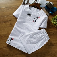 Quần áo cotton quốc gia mùa hè T-shirt quần short cotton thể thao phù hợp với kích thước lớn Trung Quốc thêu phần mỏng - Trang phục dân tộc thời trang nam nữ