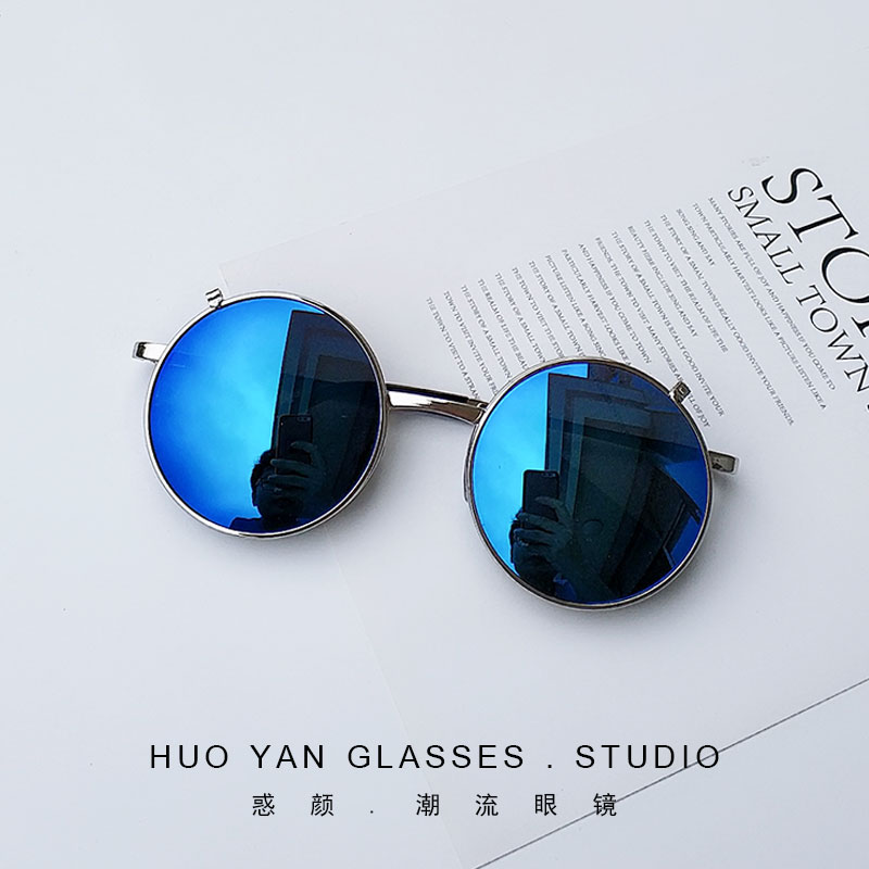 Silver Framed Blue MercuryPunk Flap double-deck Dual purpose Retro circular Sunglasses tide men and women personality Rock and roll Metal Sunglasses Can match myopia